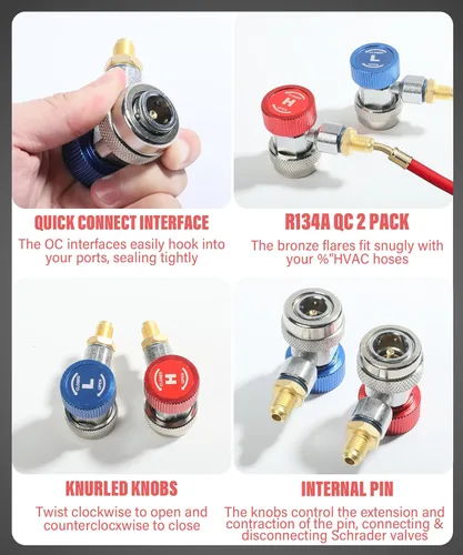 Vista 3 de YAKEFLY Adaptador AC R134A, conector R134a de 1/4 de pulgada de conector rápido con juego de manómetros, adaptadores de acoplador rápido ajustables