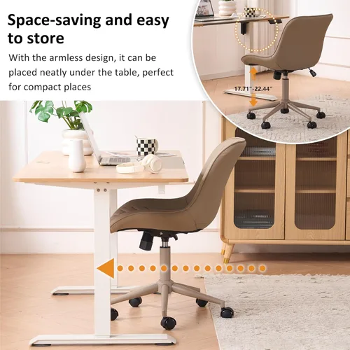 Vista 64 de YOUNIKE Silla de escritorio de oficina en casa con ruedas, silla de tocador sin brazos con respaldo, cómoda y moderna silla tapizada de cuero
