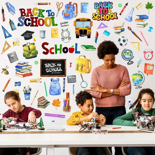 Vista 5 de Sabary 87 calcomanías de regreso a clases, decoración de tablón de anuncios para el primer día de escuela, calcomanías de pared de búho, autobús