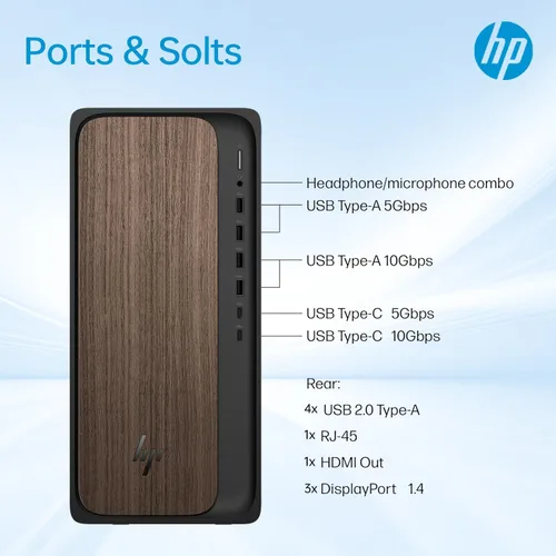 Vista 6 de HP OmniDesk M03 Business Desktop PC, Intel Core Ultra 7 265, RTX 5060, 16GB DDR5 RAM, 1TB SSD, 4 monitores 4K, KB y mouse con cable, Wi-Fi 6, Win11