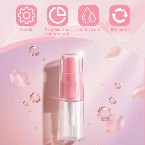 Vista 5 de Botella bomba de loción de plástico transparente de 0.3 onzas líquidas con cabezal de bomba de presión rosa, recipiente vacío para muestras