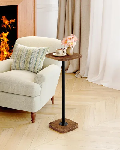 Vista 2 de Mesa pequeña para bebidas, mesa auxiliar cuadrada para espacios pequeños, mesa de Martini con pedestal, para sala de estar, dormitorio, marrón
