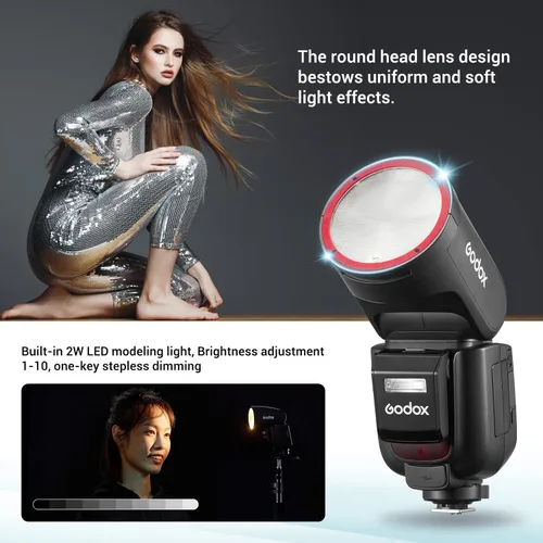 Vista 8 de Godox V1Pro-C versión USA Flash para Canon, V1Pro-CU Flash de cámara Speedlite con subflash desmontable, batería de carga USB-C, luz de modelado