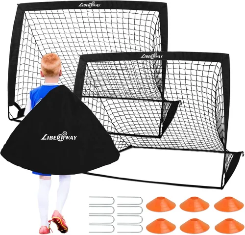 LIBERRWAY Soccer Goal 4'x 3' Portable Kids Soccer Goals for Backyard or Indoor Pop Up Soccer Net with 6 Training Cones, Carrying Bag, 8 Ground Stakes