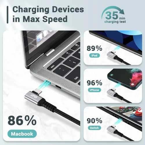 Vista 2 de RVP+ Cable USB C de 90 grados (paquete de 2, 240 W, 3 pies), cable tipo C a tipo C, cable de carga rápida PD 3.1 en ángulo hacia arriba hacia abajo