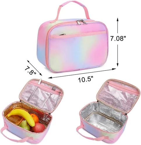 Vista 3 de Lonchera para niños y niñas, bolsa térmica con aislamiento, kit de bolsa de almuerzo reutilizable para viajes escolares (arcoíris Y064)
