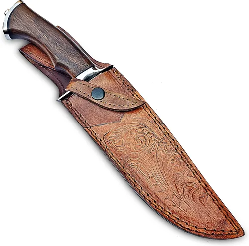 Vista 2 de Cuchillo de caza de Damasco hecho a mano de 14" con funda de cuero - Ideal para cortar, camping al aire libre - Cuchillo grande de hoja fija