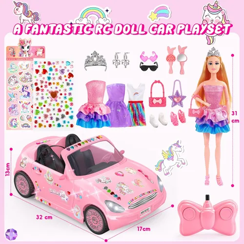 Vista 6 de Coches RC, Coches de Control Remoto con Muñeca y Calcomanía para Niñas, Coche RC Recargable de 2.4GHz Regalo de Cumpleaños para Niñas de 3 4 5 6 7 8