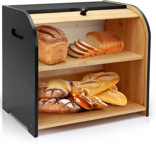 Vista 8 de Panera para Encimera de Cocina, Contenedor de Almacenamiento de Pan de Bambú de Doble Capa para Pan Casero, Panera con Tapa Enrollable con 3 Alturas