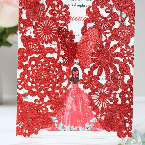 Vista 64 de Hosmsua 20 tarjetas de invitación de boda de champán con sobres de 5.12 x 7.3 pulgadas, cortadas con láser, mariposa, encaje, invitación para boda