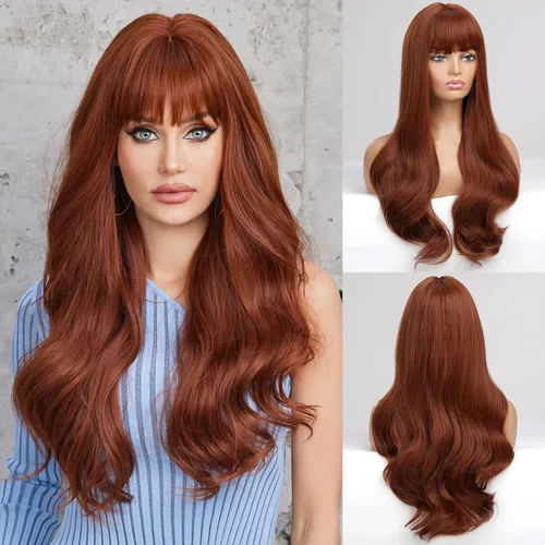 Vista 22 de HAIRCUBE Pelucas de cabello sintético con flequillo color marrón ombré para mujer, largas, onduladas, en capas, resistentes al calor, para uso