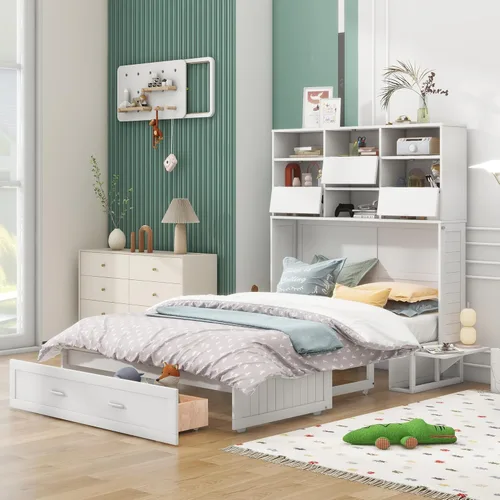Vista 3 de Cama Murphy de tamaño Queen con almacenamiento de cabecero, cajón y estantes de noche, marco de cama plegable de madera para dormitorio, habitación