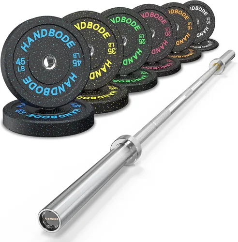 Vista 13 de HANDBODE Olympic High-Bounce Bumper Plates Bench Press Barbell Weights Set 2 - Inch, 10-55 lb Rubber Weight Sets for Home Gym, Strength Training