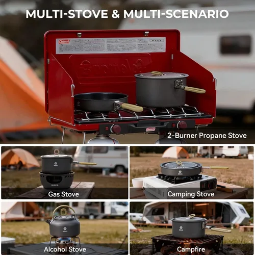Vista 4 de Alocs Camping Cookware Set - Lightweight Camping Pots and Pans - Portable Outdoor Cookware with Kettle - Camping Cookware Mess Kit for 2