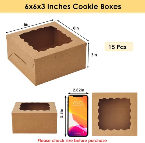 Vista 2 de Moretoes 15 cajas de galletas con ventana, cajas de panadería marrón de 6 x 6 x 3 pulgadas para golosinas, pasteles pequeños, postres, donas