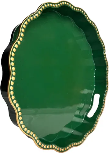 Vista 26 de Bandeja decorativa azul para mesa de café, bandeja de servir redonda de plástico con cuentas para encimera de cocina, otomana, sala de estar, (13")