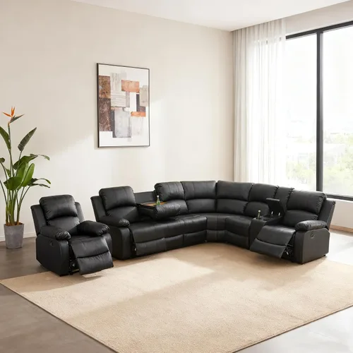 Vista 16 de Juego de sofá modular reclinable manual para sala de estar, sofá reclinable en forma de L, seccional de cuero con portavasos/almacenamiento