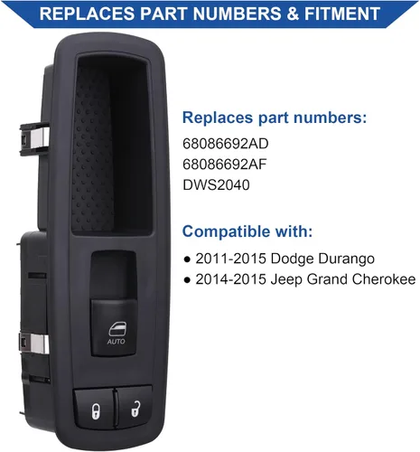 Vista 2 de Obaee Interruptor de elevalunas eléctrico para pasajeros 68086692AD compatible con Jeep Grand Cherokee 2014-2015, Dodge Durango 2011-2015, sustituye