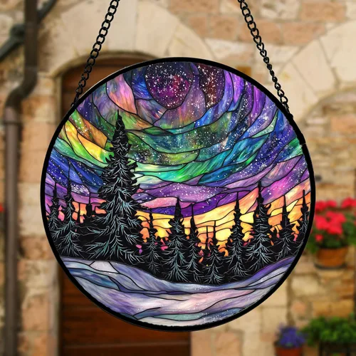 Vista 4 de DASTOLL Vitral para colgar en la ventana, atrapasoles de escena nocturna de Van Gogh, panel de cristal colorido, atrapasoles de cielo estrellado