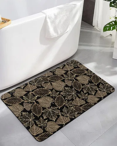 Bath Mat, Thanksgiving Pumpkin Leaf Maple Leaf Fall Golden Veins Texture Black Background Quick Dry Bathroom Rugs Non Slip Absorbent Thin Shower Rug