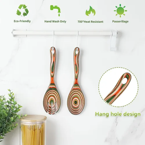 Vista 4 de Pinzas de ensalada, cucharas de madera, pinzas para servir, juego de utensilios de cocina de cocina de 10 pulgadas de madera de Pakka