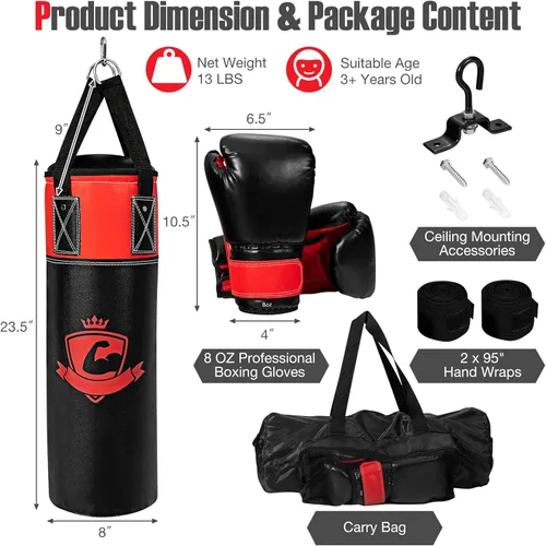 Vista 7 de GYMAX Saco de boxeo para niños, saco de boxeo prellenado con guantes de boxeo, envolturas de mano y bolsa de transporte, saco de boxeo pesado