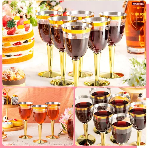 Vista 4 de Paquete de 100 copas de vino de plástico desechables con borde a granel de 8 onzas, elegantes copas de vino con tallo largo, copas de vino Dorado