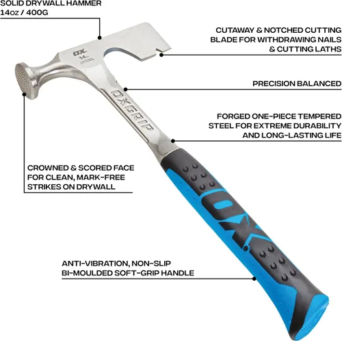 Vista 2 de OX TOOLS Martillo para paneles de yeso Pro 14 onzas / 400 gramos Hacha para paneles de yeso Cara fresada Hacha de paneles de yeso Martillo