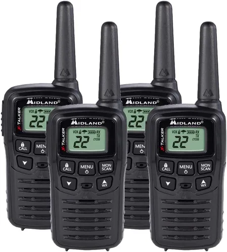 Midland T10 - Walkie Talkie FRS de 22 canales, radio bidireccional de hasta 20 millas, color negro (paquete de 4)