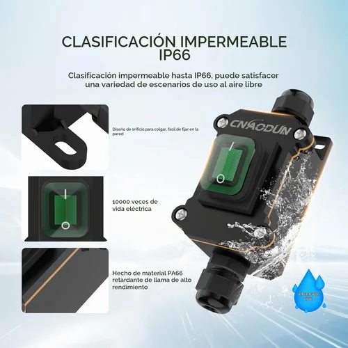 Vista 4 de Interruptor de línea impermeable, CNAODUN 12V DC 20A interruptor de palanca de encendido/apagado con botón basculante de luz verde DPST doble salida