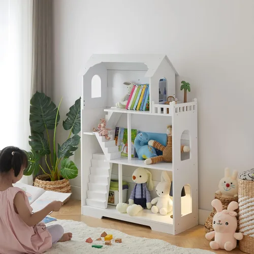 Vista 9 de Estantería de madera para casa de muñecas – Estantería de casa de muñecas para niños pequeños, estante de almacenamiento de juguetes para niños