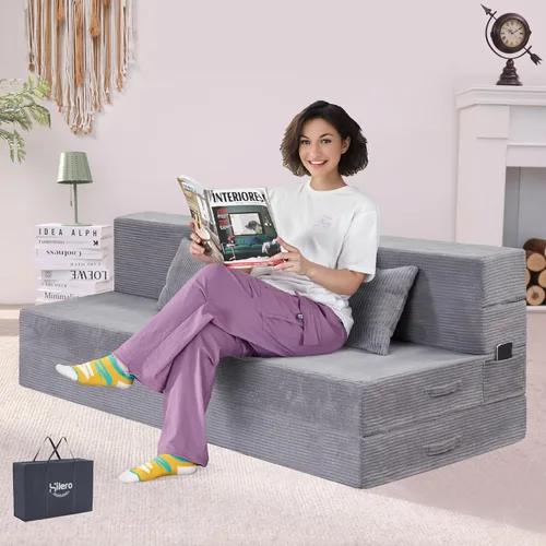 Vista 14 de Sofá Cama Individual Plegable Silla Sofá Cama con Almohada, Twin, Beige Fold out chair bed, Futon sofa bed, Extra bag included, All foam made