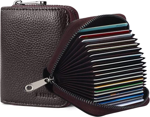 Linno RFID - 20 ranuras para tarjetas de crédito de cuero genuino para mujeres u hombres, cartera de acordeón con cremallera, Café, Estuche para