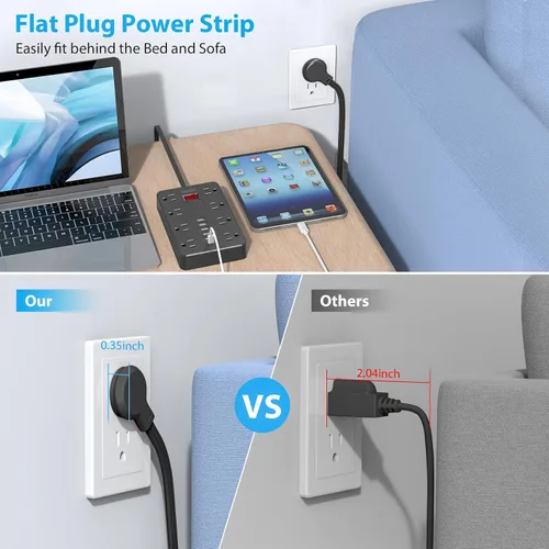 Vista 2 de Regleta de alimentación con USB, protector de sobretensiones SMNICE enchufe plano con 8 tomas de corriente ampliamente espaciadas y 6 puertos USB