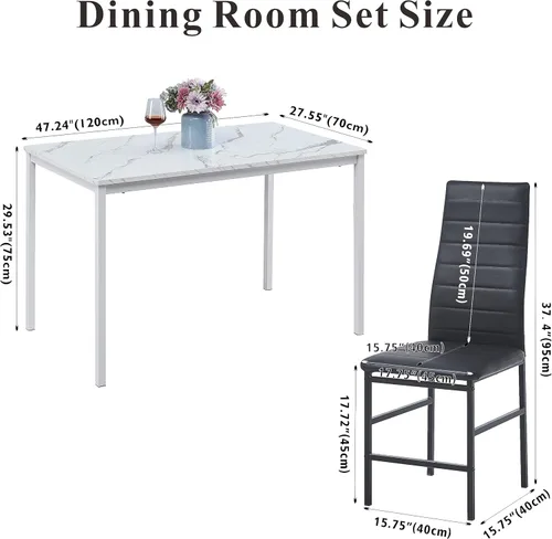 Vista 34 de Juego de comedor de 5 piezas para 4 mesas de comedor de mármol con sillas, mesa de cocina rectangular y sillas para cocina del hogar, comedor