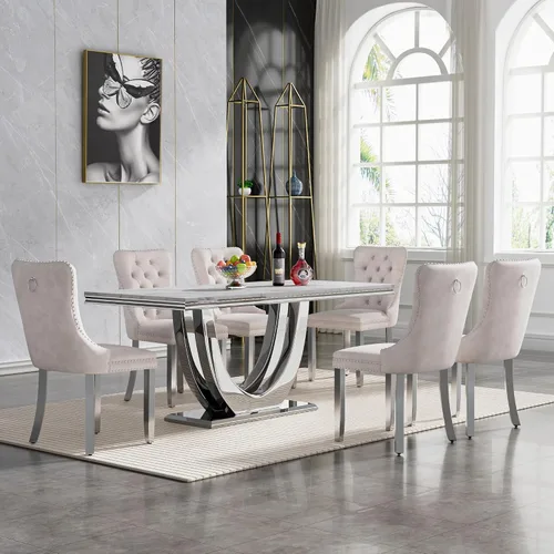Vista 39 de Mesa de comedor blanca de 68 pulgadas para 4-6, mesa de cocina rectangular moderna con mesa de mármol sintético y base de acero inoxidable plateado