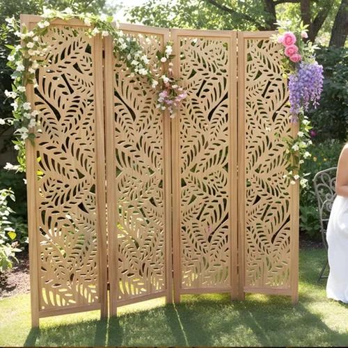 Vista 9 de Divisor de habitación bohemio con tallado de plumas, pantalla de madera calada de 4 paneles, división plegable decorativa para dormitorio
