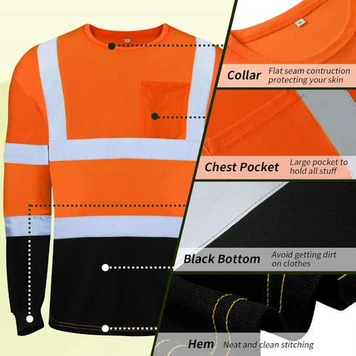 Vista 3 de Zhanmai 6 Pack Long Sleeve Safety Shirt High Visibility Reflective Class 3 Hi Vis Construction Safety Shirt with Pocket Naranja