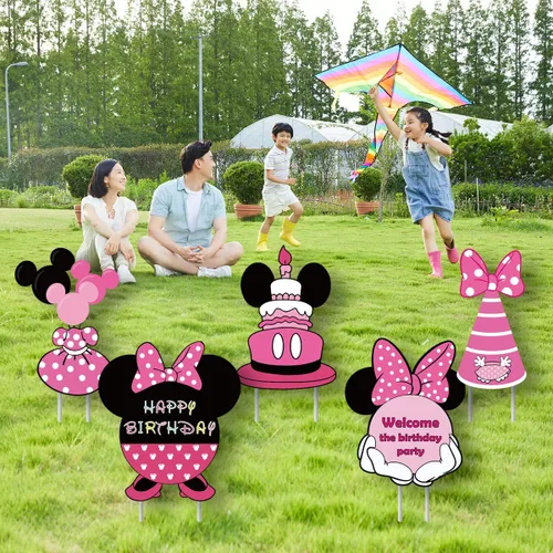 Vista 5 de Cartel y decoraciones de césped de Minnie Yard (5 piezas) - Suministros para fiesta de cumpleaños de niña