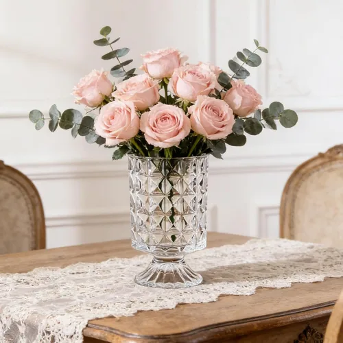 Vista 6 de BLOFLO - Jarrón de vidrio en relieve, jarrones de cristal de 7 pulgadas para flores, jarrón de ramo de cristal con base grande de pedestal, jarrón