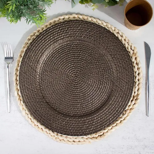 Vista 5 de Tableclothsfactory Paquete de 6 platos de carga de plástico acrílico marrón natural de 13 pulgadas tipo ratán, platos redondos desechables