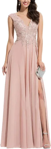 Vista 4 de Ubride Vestido largo formal de noche para mujer, con abertura y encaje, de gasa, con escote en V, Classic, 4