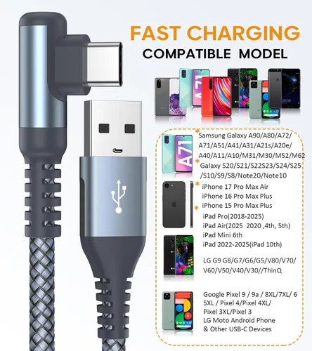 Vista 2 de sweguard Cable USB tipo C de carga rápida en ángulo recto, paquete de 2 unidades, 6.6 pies, compatible con iPhone 17, 16, 15 Pro Max, Samsung Galaxy