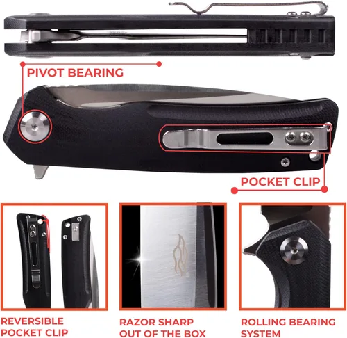 Vista 3 de Firebird GANZO FH91-BK Cuchillo Plegable de Bolsillo con Rodamiento de Bolas, Hoja de Acero D2, Mango Ergonómico G10 Antideslizante con Clip