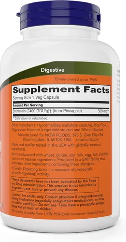 Vista 2 de Now Bromelina 500 mg, 200 cápsulas vegetales (paquete de 2) Suplemento - Sin OMG, cápsulas veganas de 500 mg