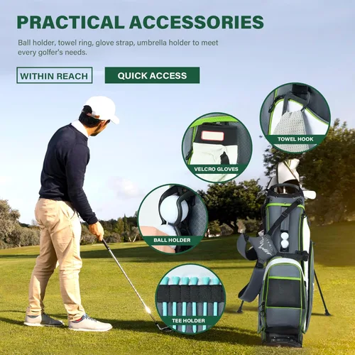 Vista 6 de Bolsa de golf ligera con soporte, divisor de 4 vías de longitud completa, base plegable y correas dobles