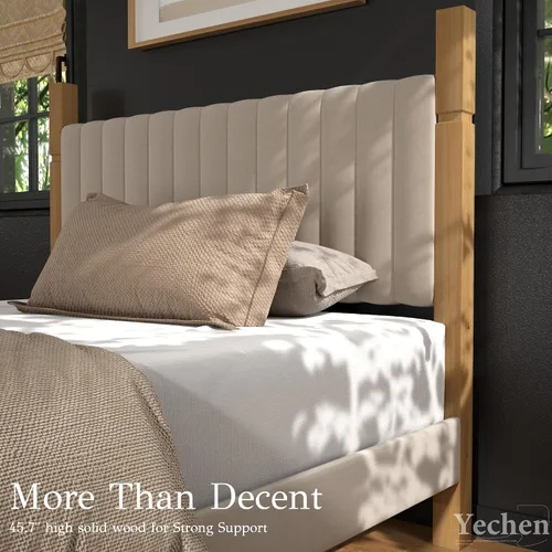Vista 4 de Yechen Marco de cama tamaño King, marco de cama de madera con cabecera tapizada, postes de madera maciza y plataforma de pies, no necesita somier