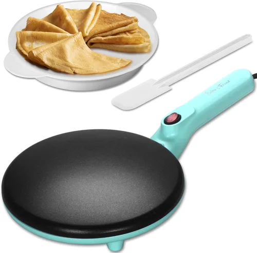 Baker's Friend Crepera Electrica - Máquina para hacer crepas instantánea con asa, superficie de cocción antiadherente de 8 pulgadas, color aguamarina