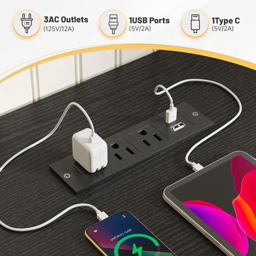 Vista 4 de EnHomee Escritorio para juegos de 40 pulgadas con tomas de corriente y luces LED, escritorio para computadora con cajón y estante de almacenamiento