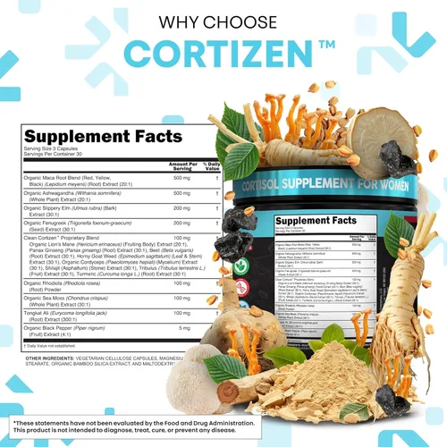 Vista 5 de Suplementos de cortisol Clean Nutra para mujeres Desintoxicación de cortisol con raíz de maca y ashwagandha, reductor + corteza de olmo